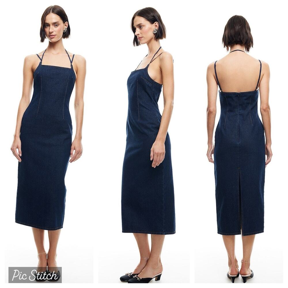 Lioness *NEW* Women's Berkin Denim Midi Dress Indigo Sz XS Bodycon Minimalist